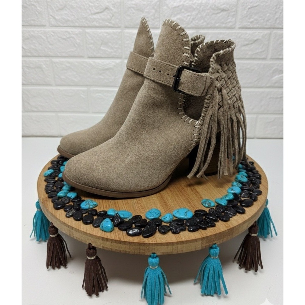🔥Very G 🤠Tan Suede Fringe Tassels & Buckle Ankle Boots Boho Western Bootie 7.5
